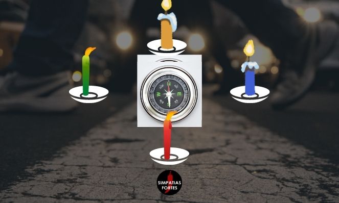 Ilustração mostrando como dispor as velas coloridas de acordo com a bússola e fazer a simpatia para achar dinheiro na rua
