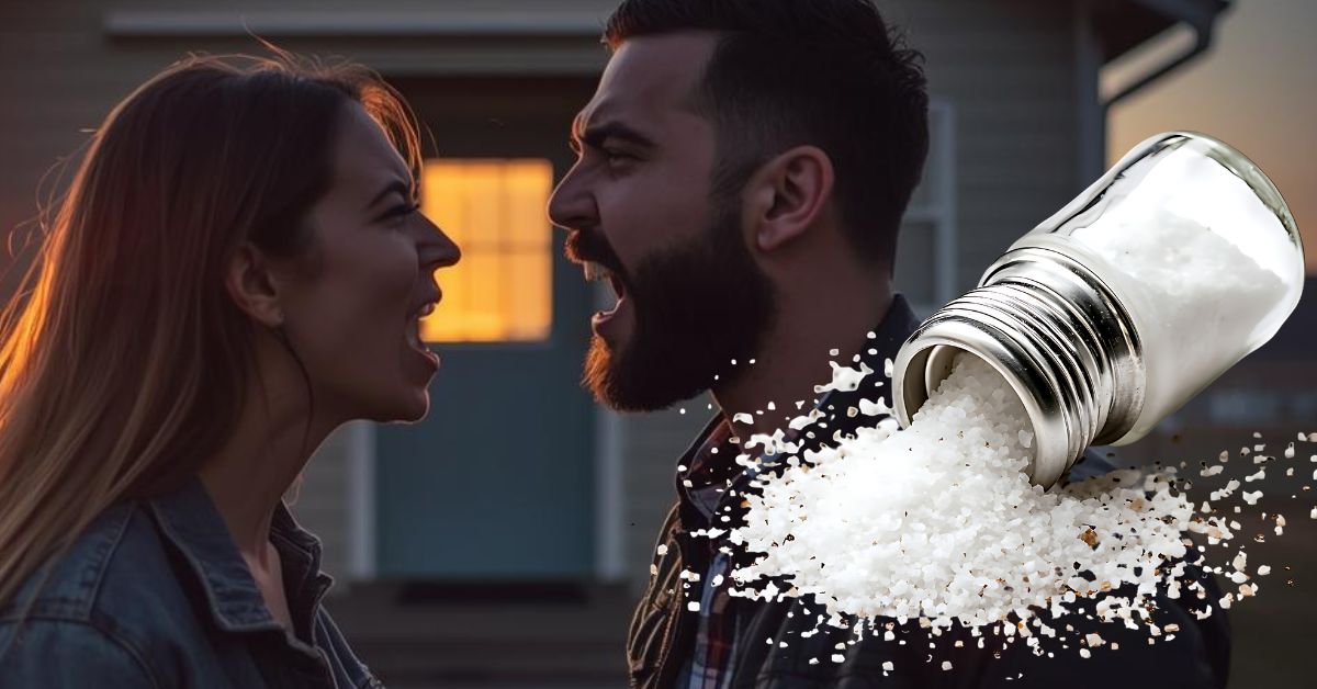 Um casal brigando com um punhado de sal ilustrando o ritual