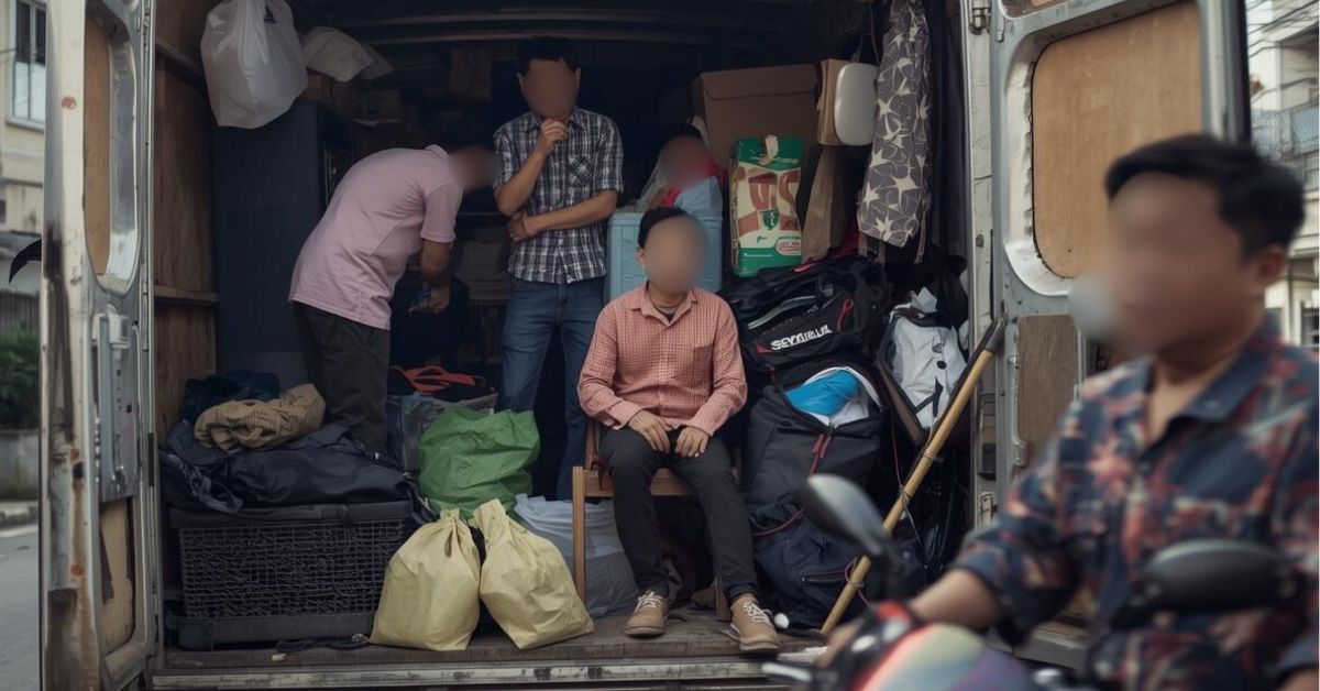 Uma família fazendo mudança de endereço com um caminhão cheio de coisas