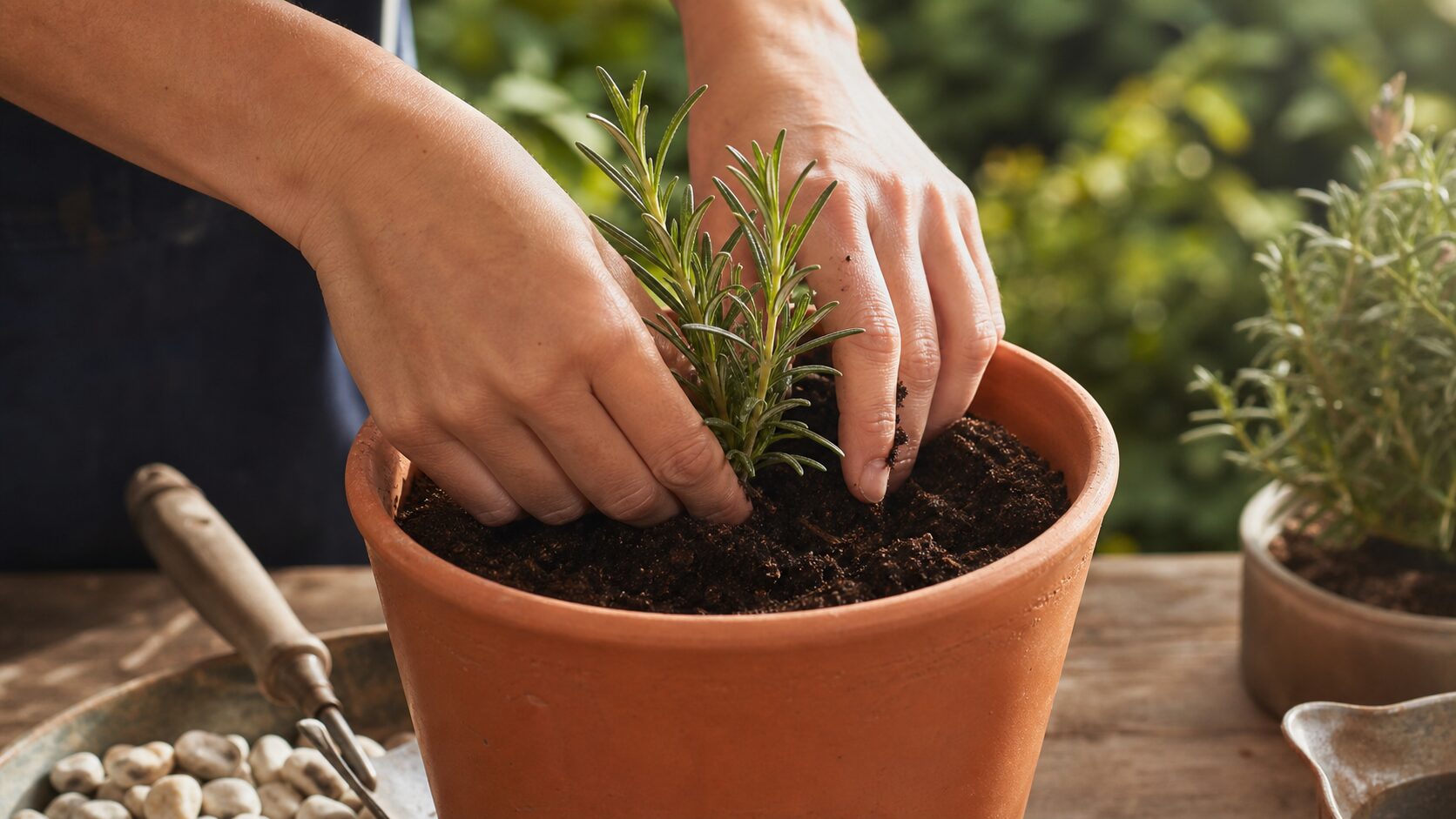 Mãos plantando alecrim em vaso de barro com terra drenada