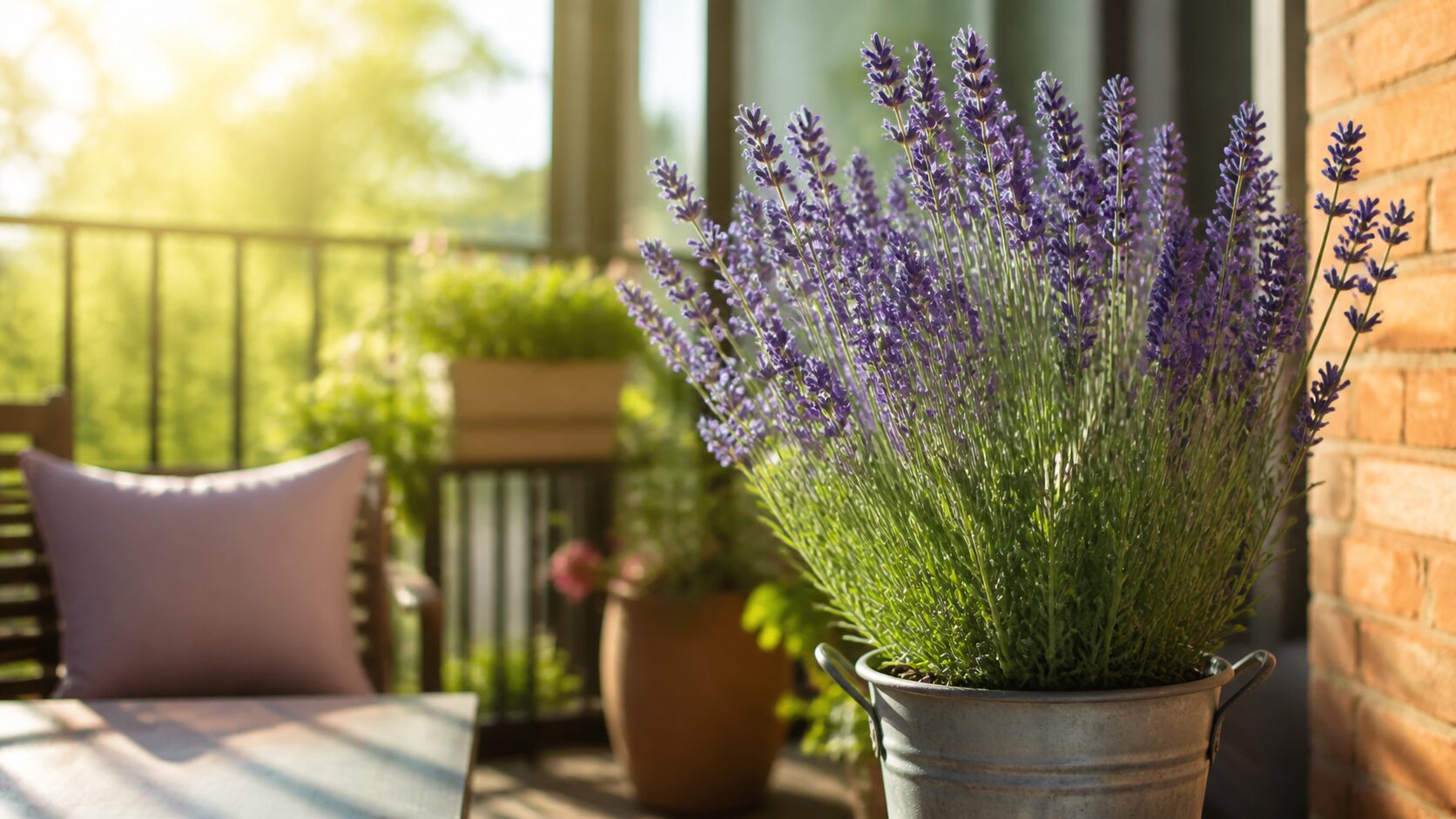 Lavanda florida em vaso recebendo sol da manhã