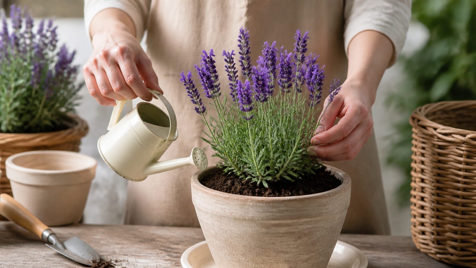 Pessoa cuidando de lavanda em vaso com regador
