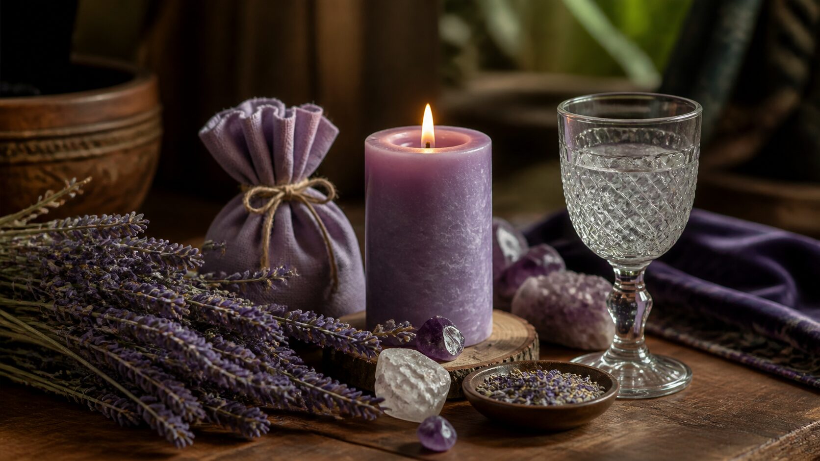 Lavanda usada em simpatia com vela lilás e copo de água