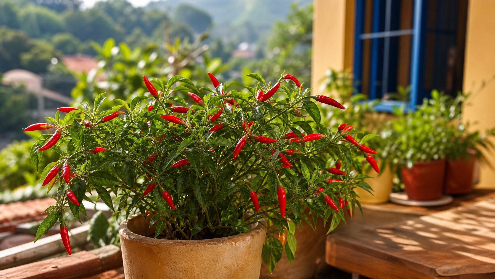 Vaso de pimenta malagueta com frutos vermelhos em ambiente ensolarado