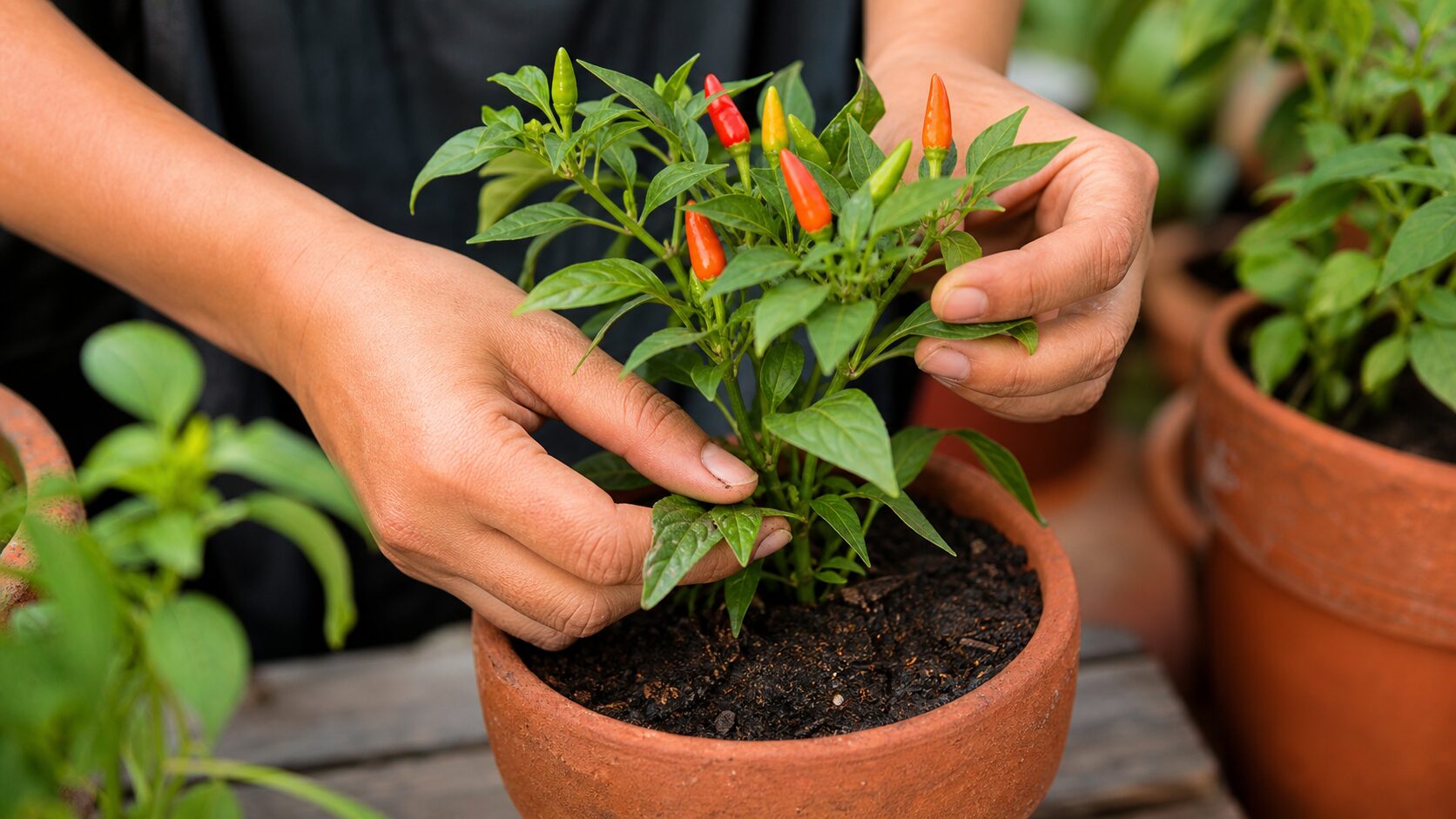 Muda de pimenta malagueta sendo cultivada em vaso