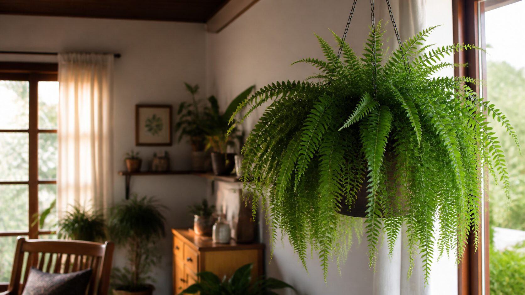 Samambaia verde e volumosa em vaso suspenso dentro de casa