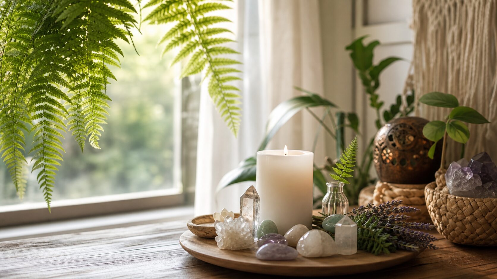 Samambaia em ambiente espiritual com vela e cristais