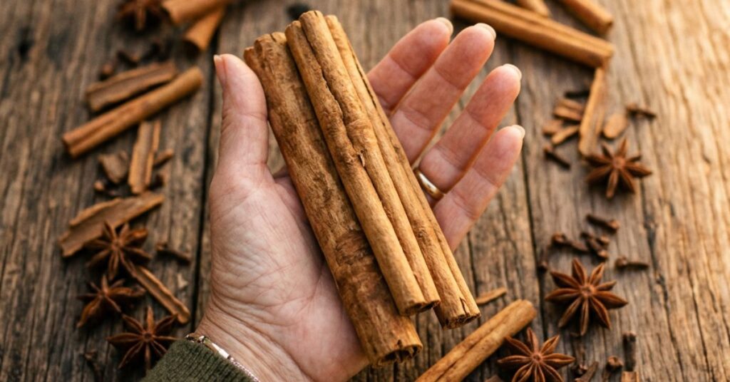 Uma mulher segurando alguns pedaços de canela em pau