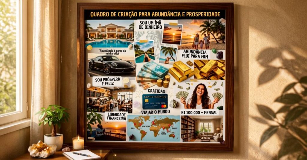Quadro de criação do Feng Shui com símbolos e frases para atrair dinheiro