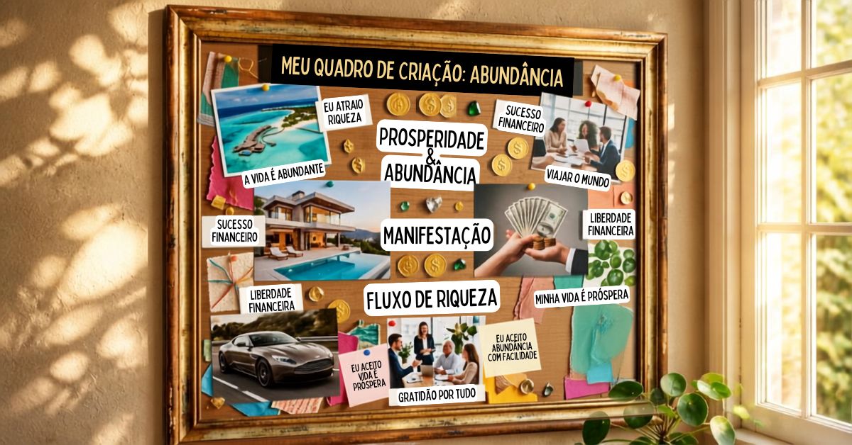 Imagem contendo um quadro de criação para atrair prosperidade cheio de símbolos e frases positivas