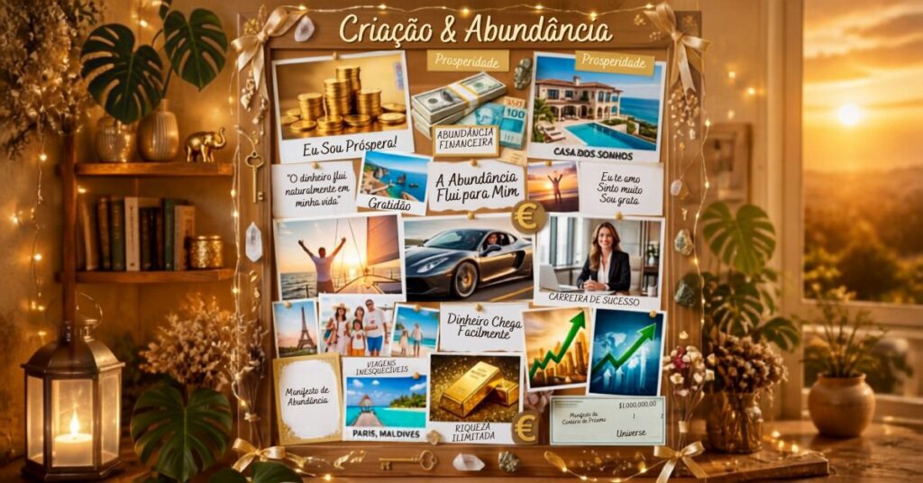 Um quadro de criação feito com imagens e frases para atrair dinheiro e sucesso