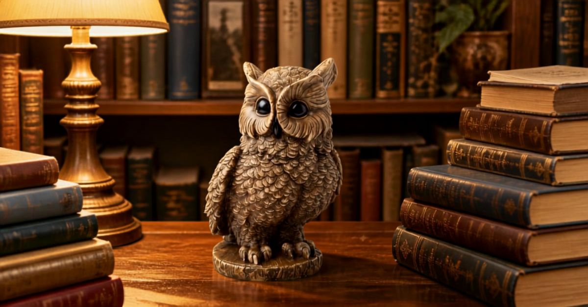 Simbolo Coruja - Estatueta em uma mesa de estudo com livros