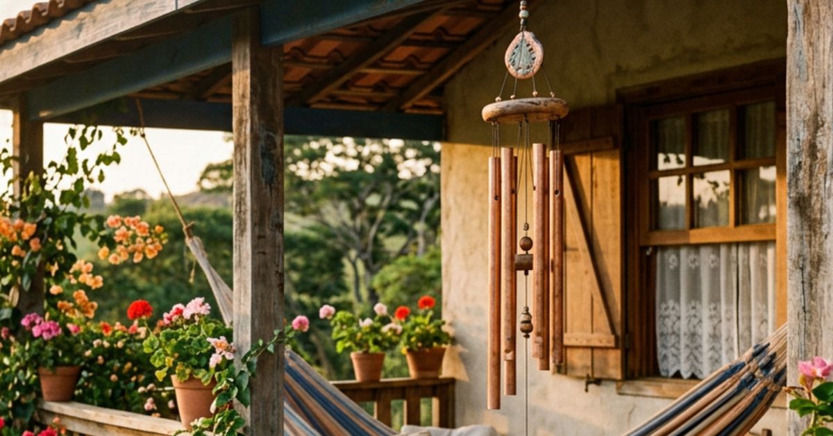 Sino dos ventos em uma varanda rural