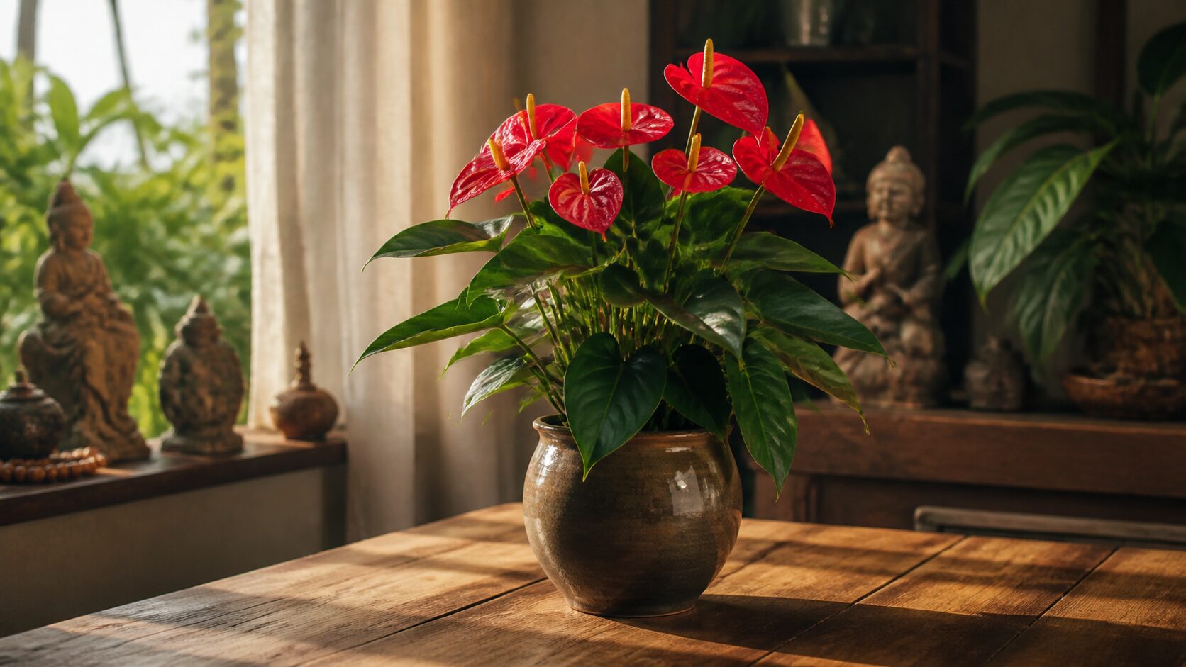 Antúrio vermelho em vaso decorando ambiente interno com folhas brilhantes