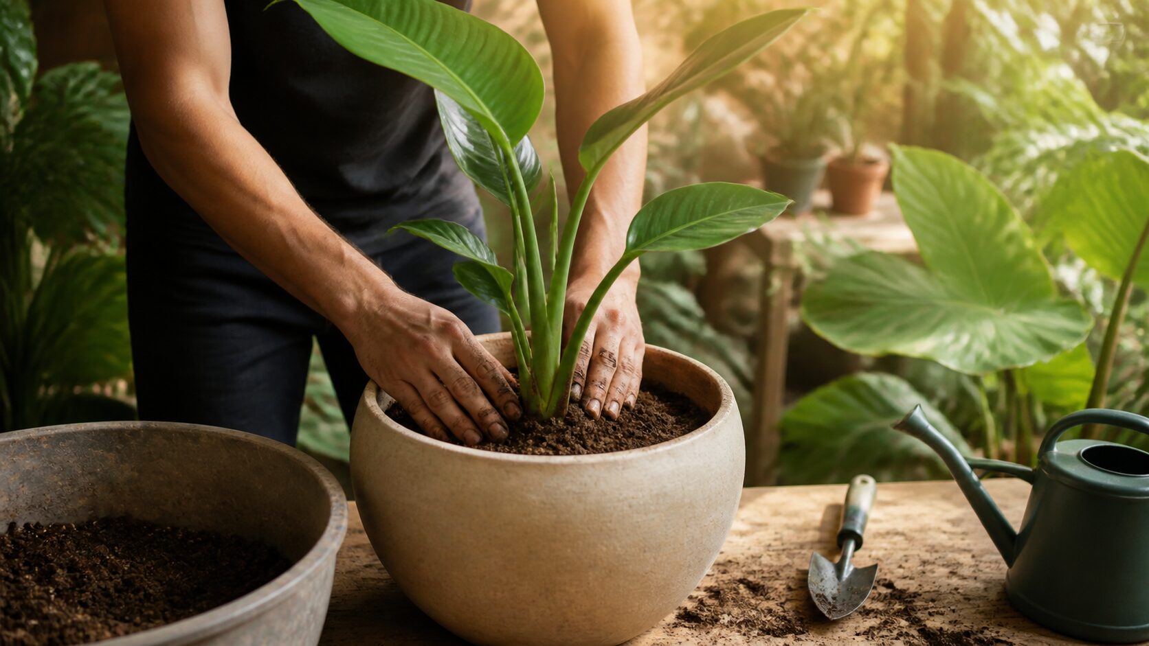 Plantio de bico-de-papagaio Strelitzia em vaso com substrato drenado