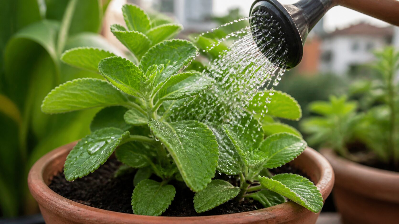 Folhas de boldo saudáveis recebendo água em um vaso