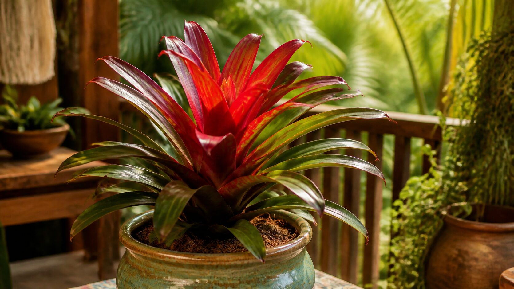Bromélia tropical em vaso decorando varanda com energia de proteção e beleza