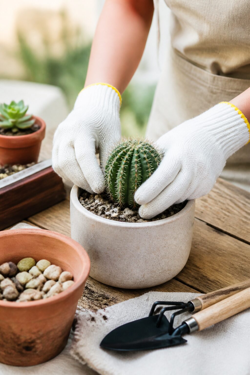 Pessoa plantando cacto em vaso com substrato adequado e drenagem