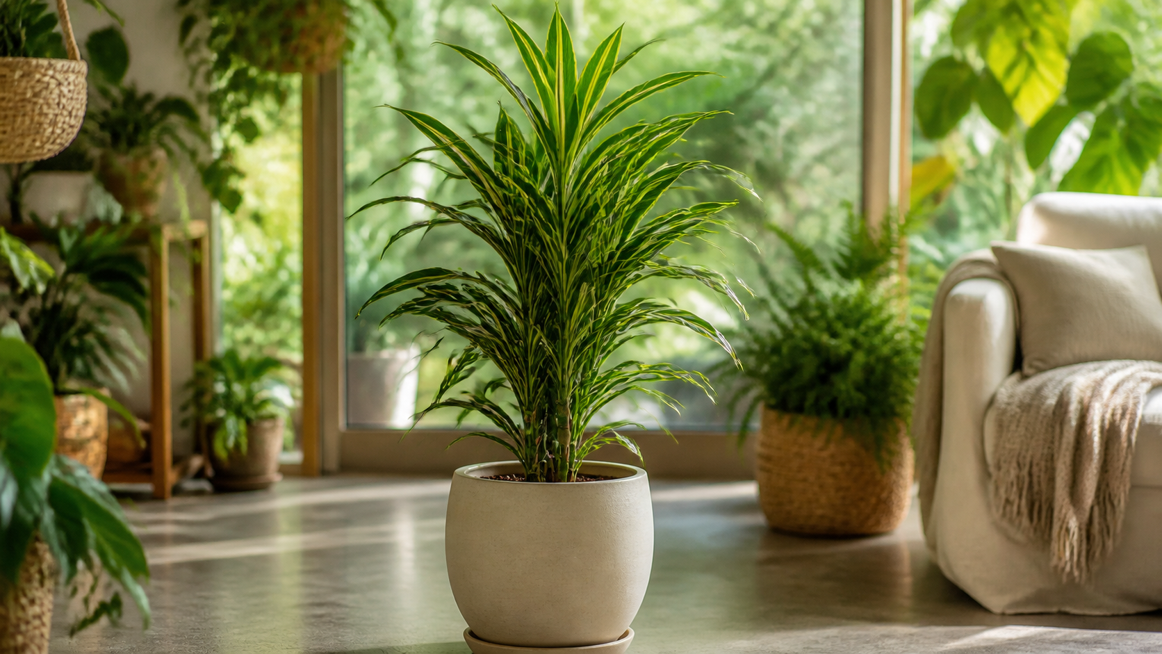 Dracena Pleomele em vaso decorando ambiente interno com luz natural