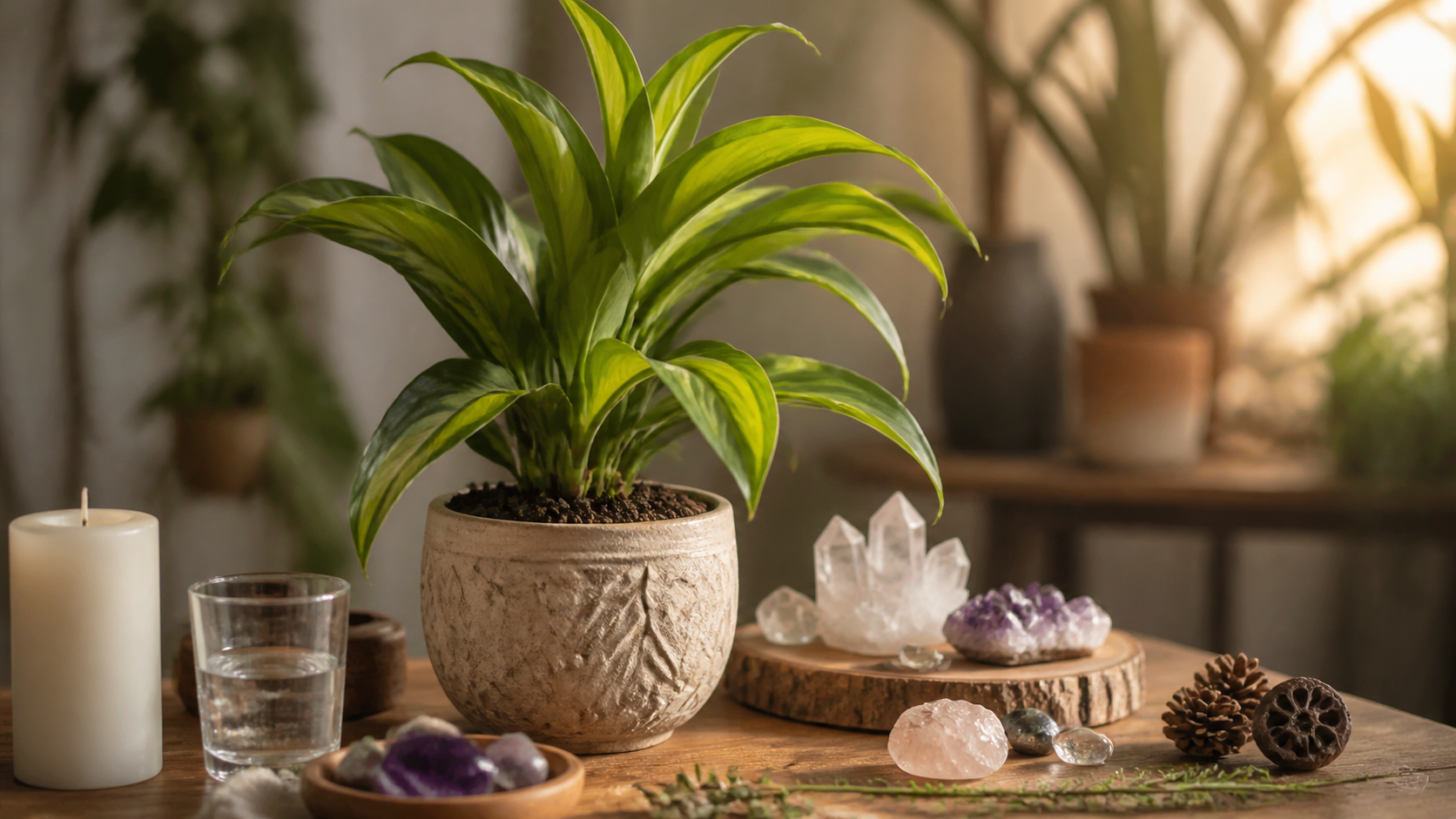 Dracena Pleomele com elementos espirituais para simpatias e proteção energética