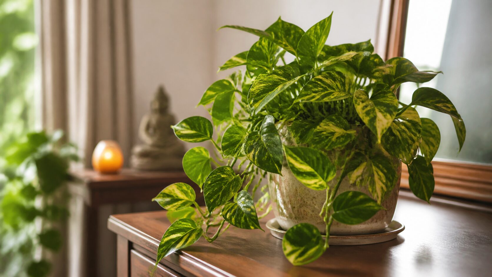 Jobóia exuberante em vaso decorando ambiente iluminado