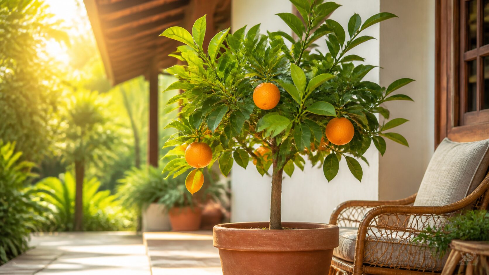 Laranjeira em vaso com folhas verdes em varanda ensolarada