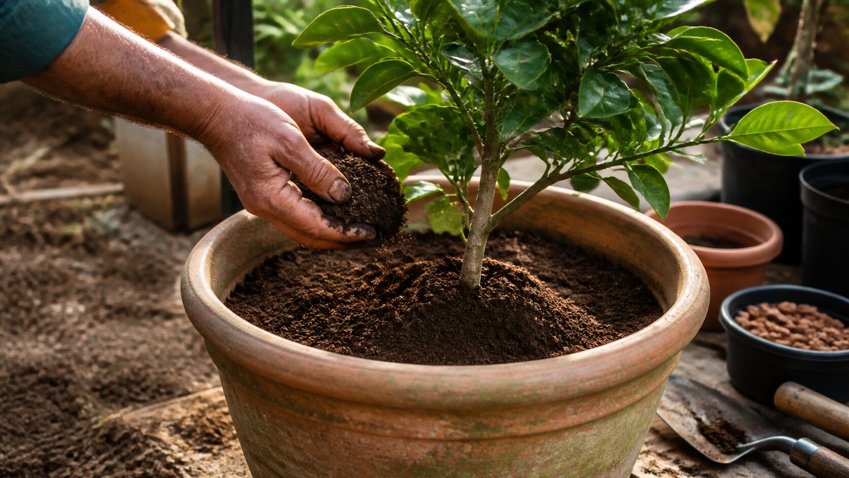 Plantio de muda de laranjeira em vaso com terra fértil