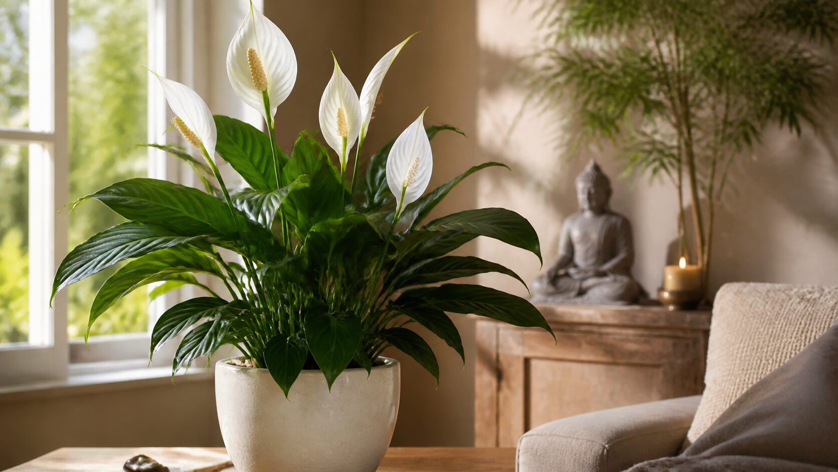 Lírio-da-paz em vaso decorando ambiente interno com energia de harmonia