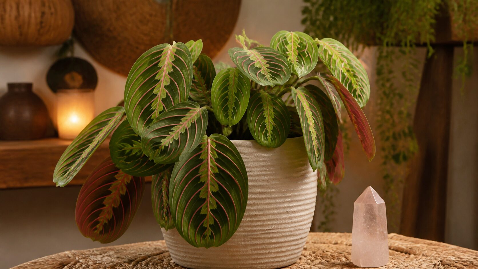 Maranta em vaso com folhas coloridas em ambiente iluminado