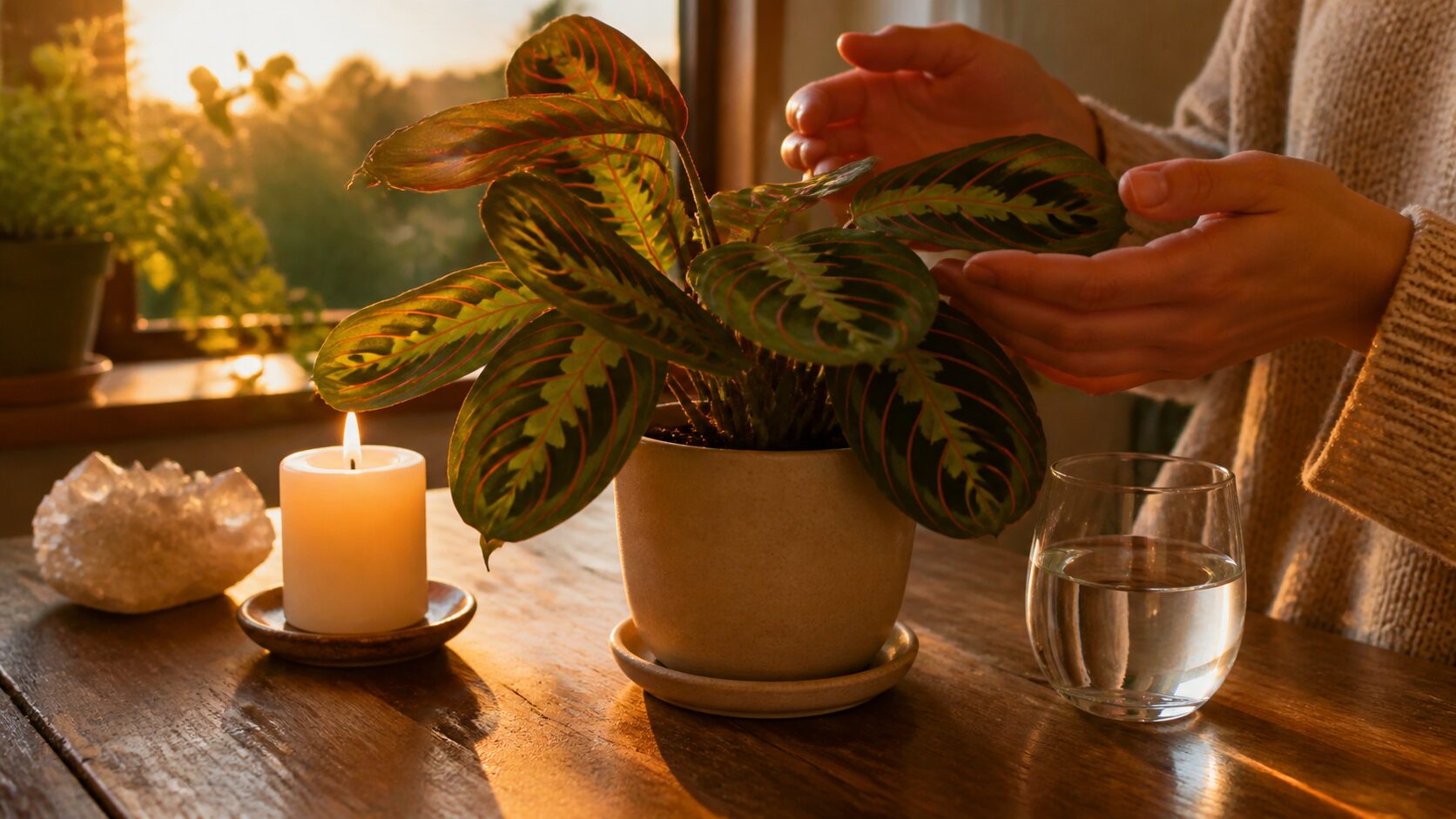 Maranta em ritual de proteção e harmonia com vela e cristal