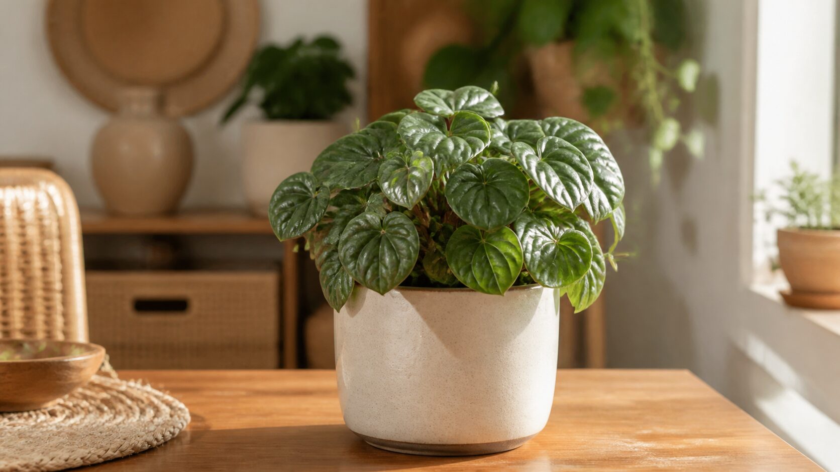 Peperômia saudável em vaso decorativo com luz natural suave