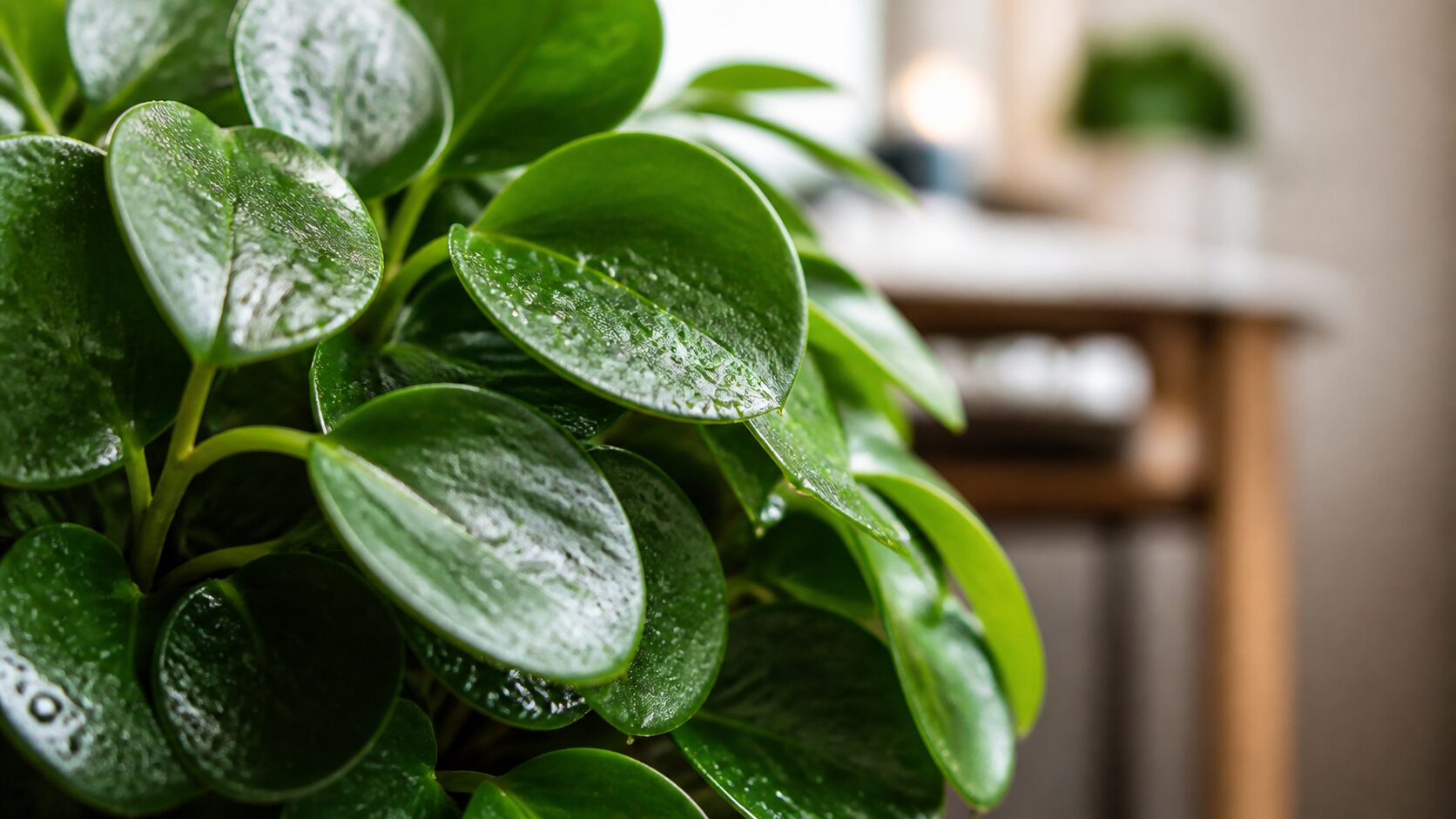Folhas verdes e brilhantes de peperômia em detalhe