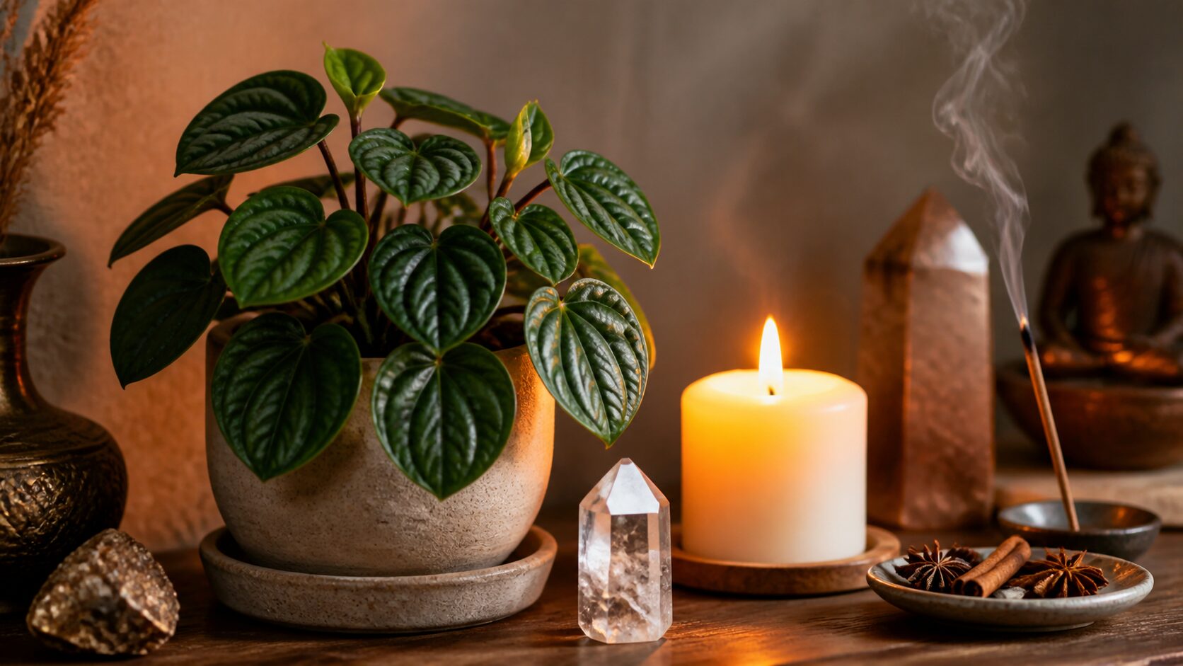 Peperômia em altar de proteção com vela e cristais