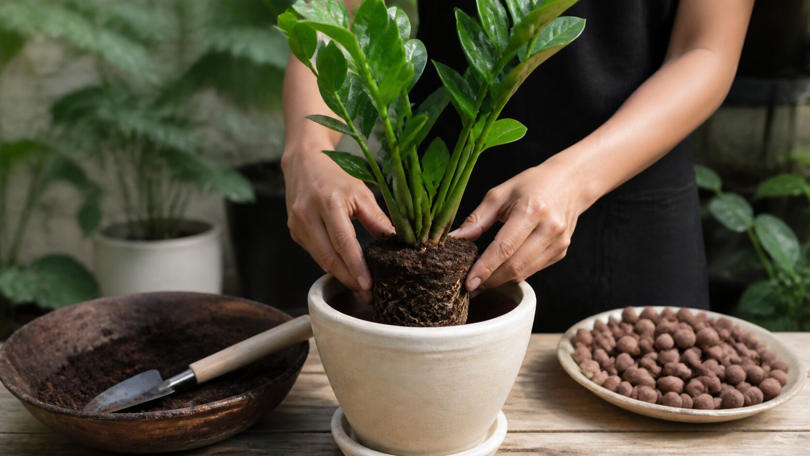 Plantio de zamioculca em vaso com substrato drenado