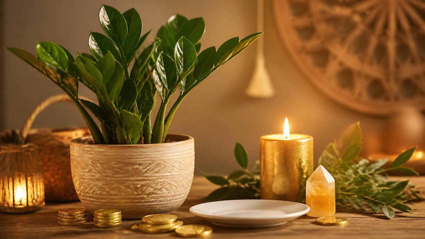 Simpatia de prosperidade com zamioculca, vela dourada e moedas