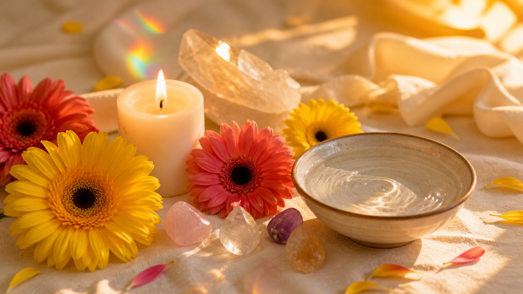 Gérberas com vela e cristais em ritual energético