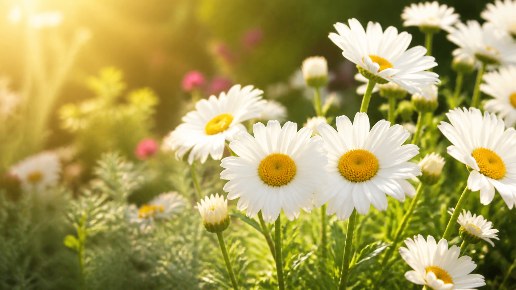 Margaridas brancas floridas em jardim ensolarado transmitindo paz e boas energias