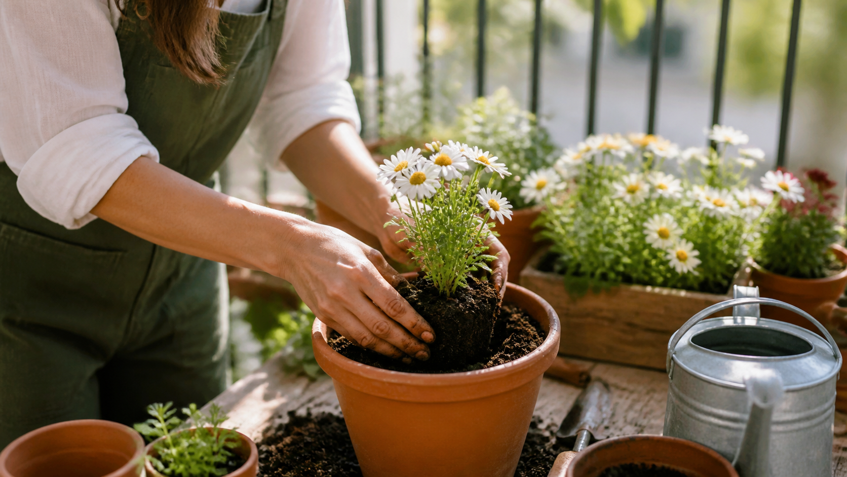 Pessoa plantando muda de margarida em vaso com terra fértil