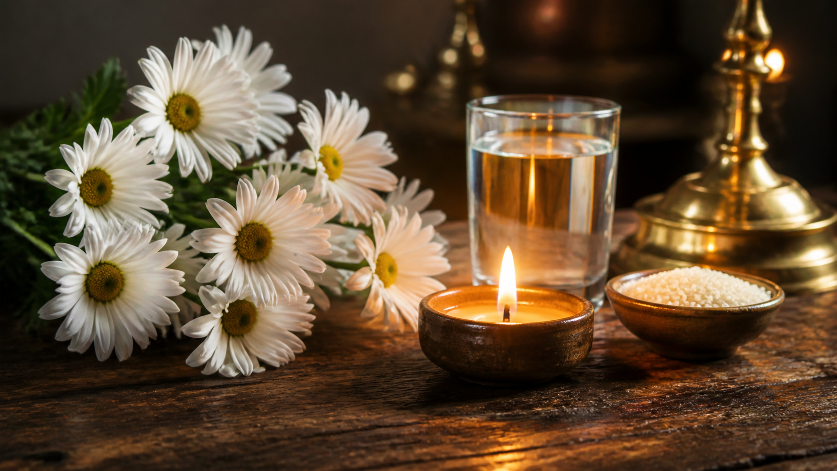 Margaridas brancas com vela acesa em ritual de boas energias