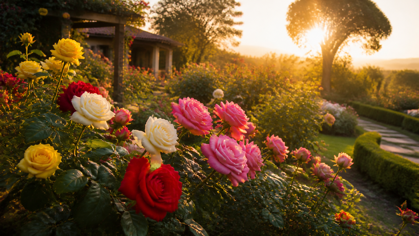 Jardim com roseiras floridas em várias cores ao amanhecer
