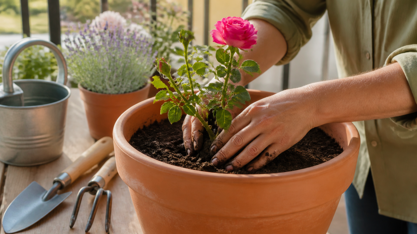 Mãos plantando muda de rosa em vaso com terra fértil