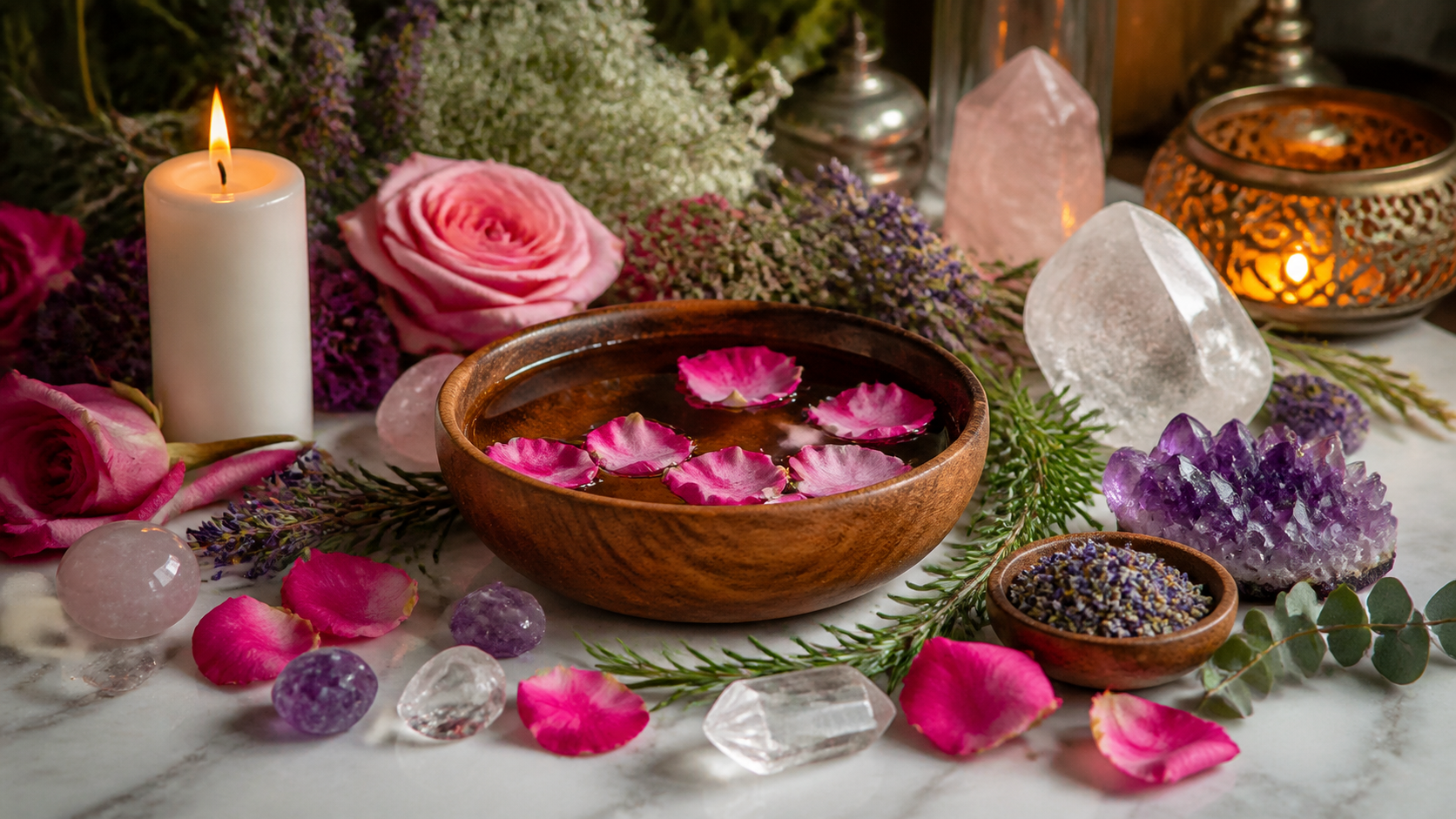 Pétalas de rosas com vela e elementos espirituais para simpatias