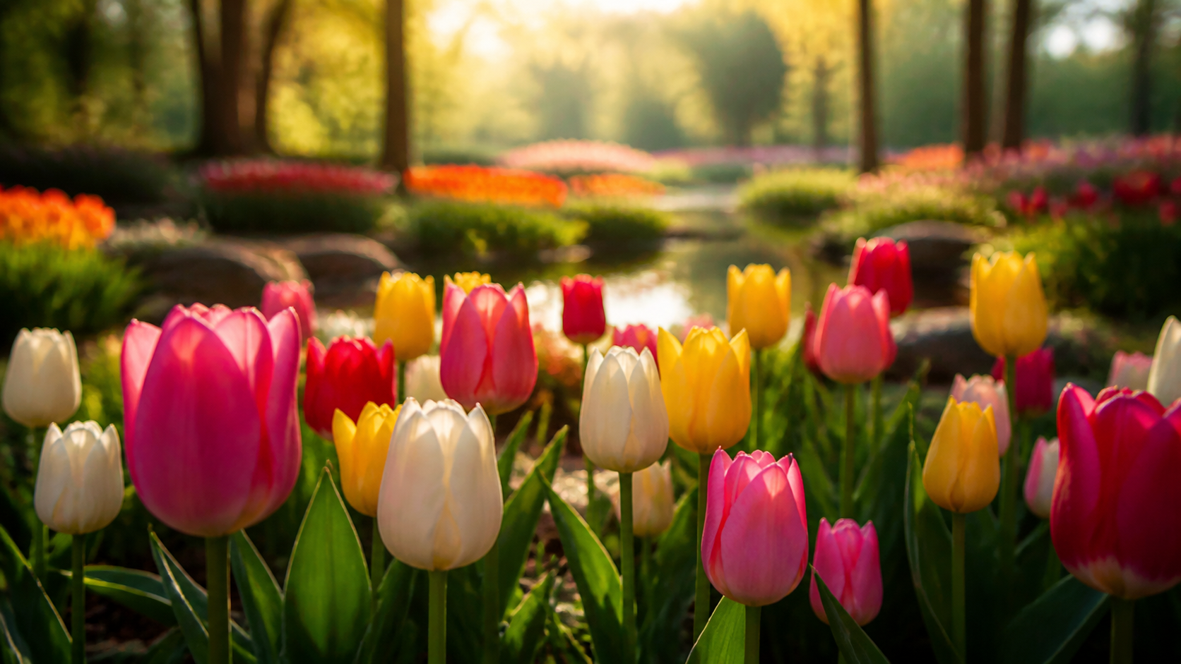 Tulipas coloridas em jardim ensolarado simbolizando beleza, amor e prosperidade
