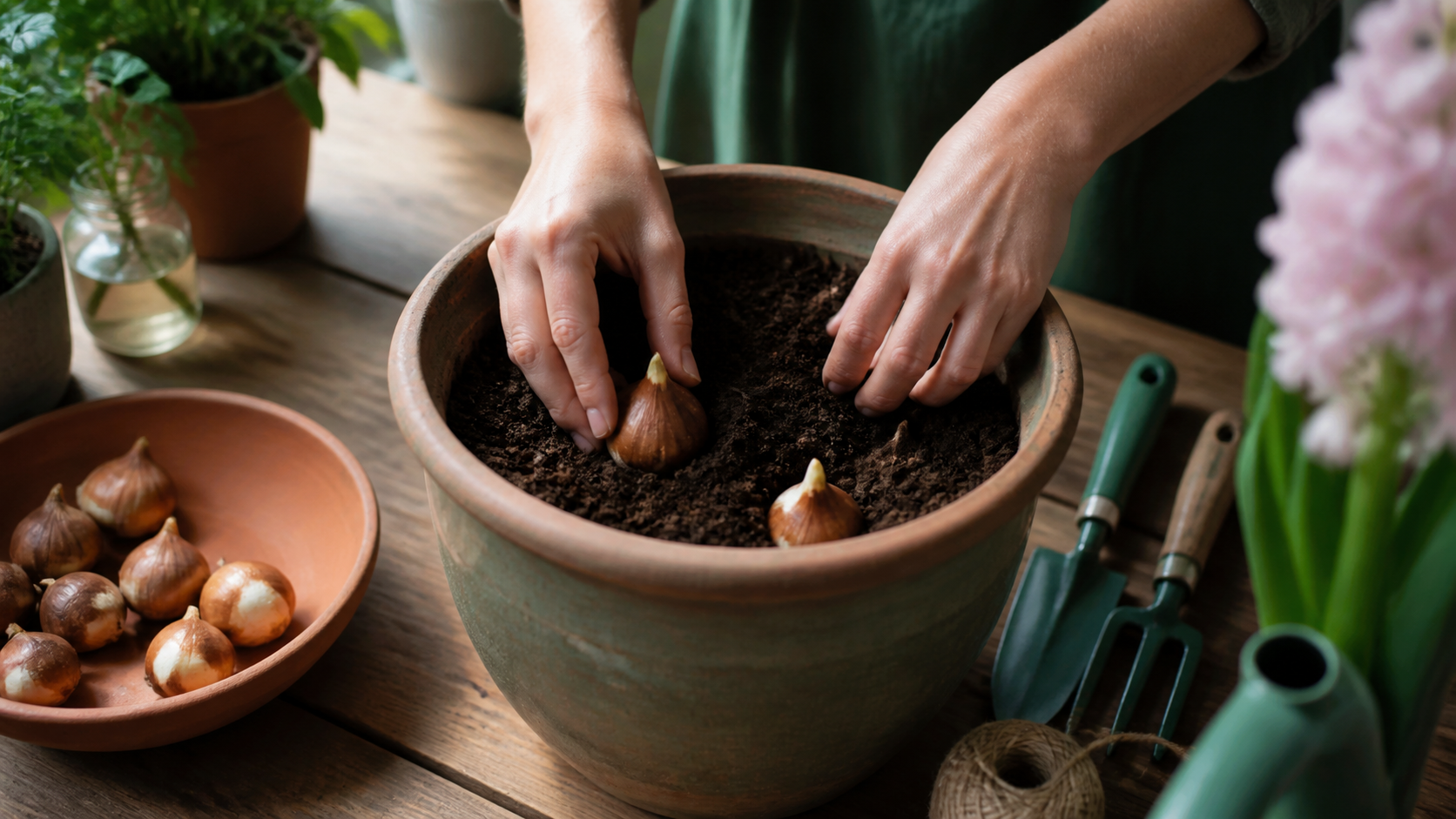 Mãos plantando bulbos de tulipa em vaso com terra bem drenada