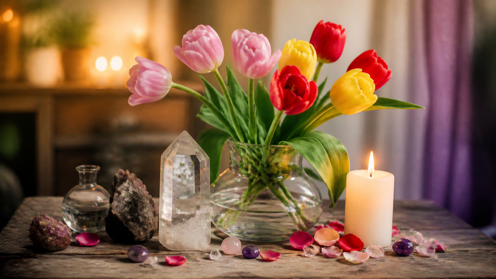 Arranjo com tulipas, vela branca e cristal para simpatias de amor e prosperidade